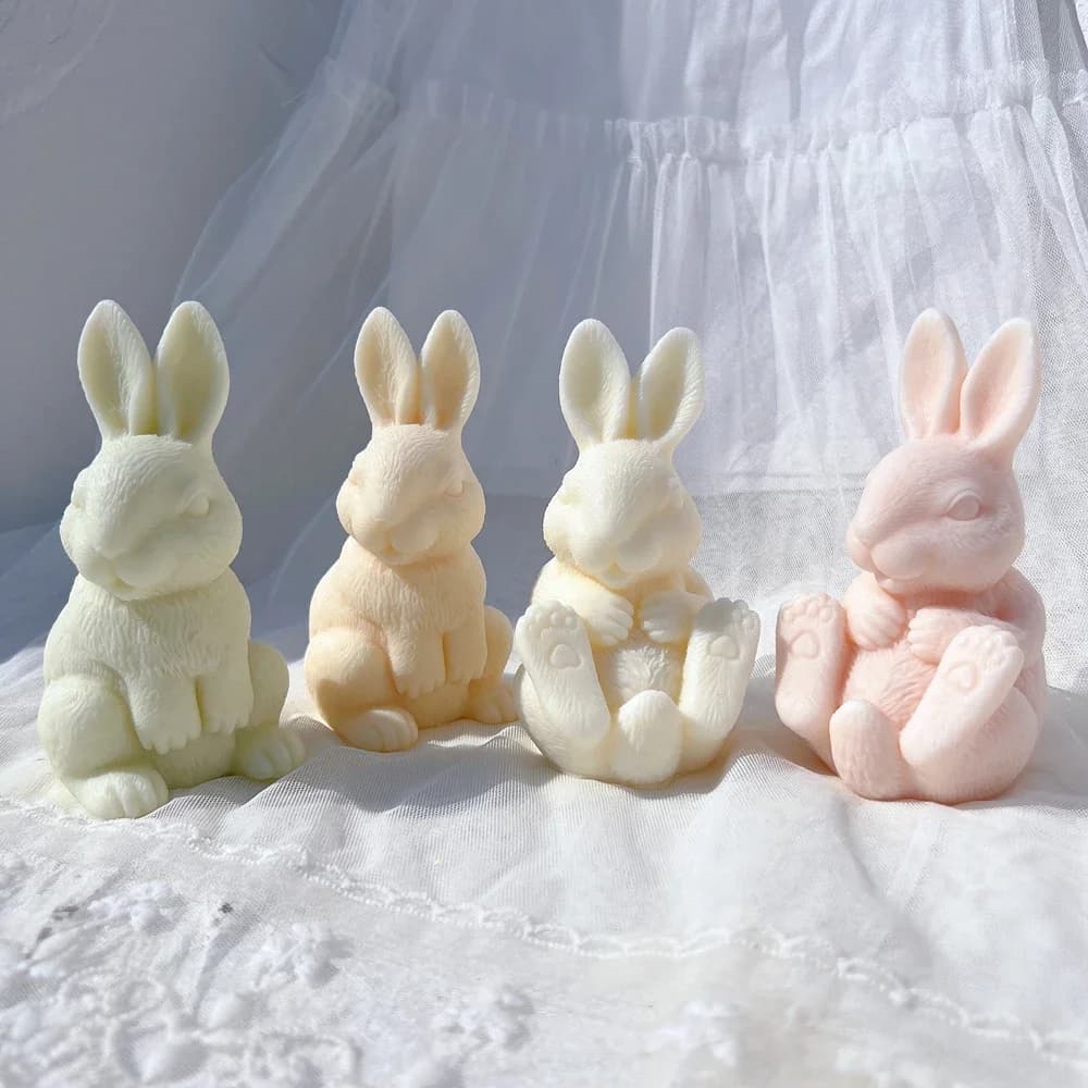 Stampo in silicone con coniglietto a due disegni Stampo per candele in silicone con coniglio dorato Seduto Coniglio Animale Stampo in cera di soia Resina Decorazioni per la casa di Pasqua