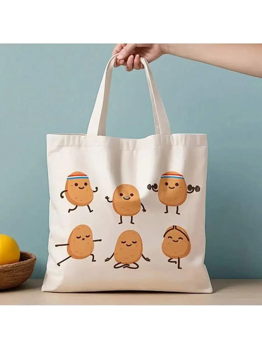 Reusable Durable Canvas Tote Bag With Cartoon Potato Characters - Leak-Proof Shopping Bag For Women Food Lovers