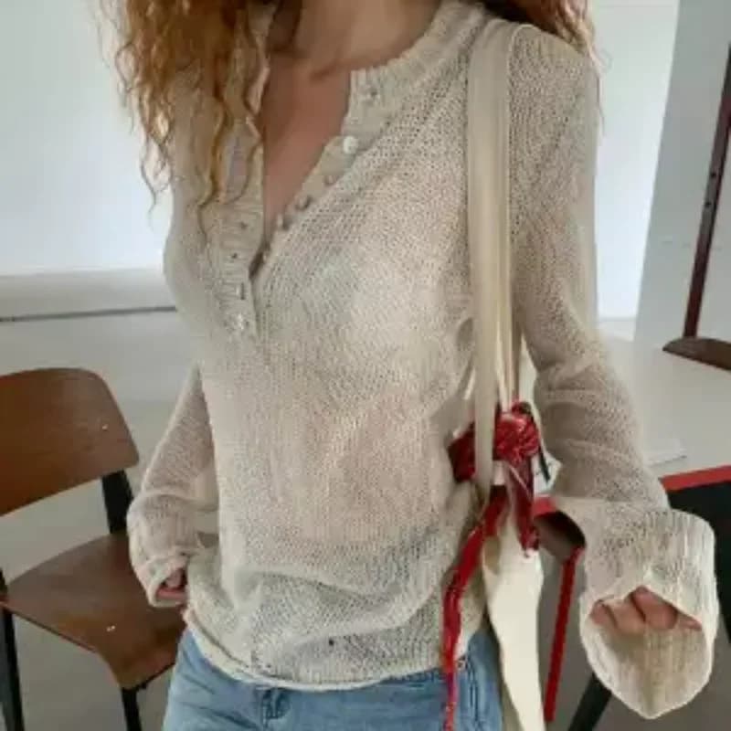 Women Half Button Sheer Hollow Out Knit Long Sleeve Sunscreen Cover Up Top
