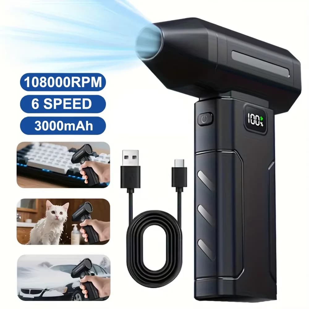 Soffiatore d'Aria Elettrico 450000RPM, Ventilatore Turbo ad Alta Velocità Ricaricabile, Display Digitale per Pulizia di Polvere e Neve