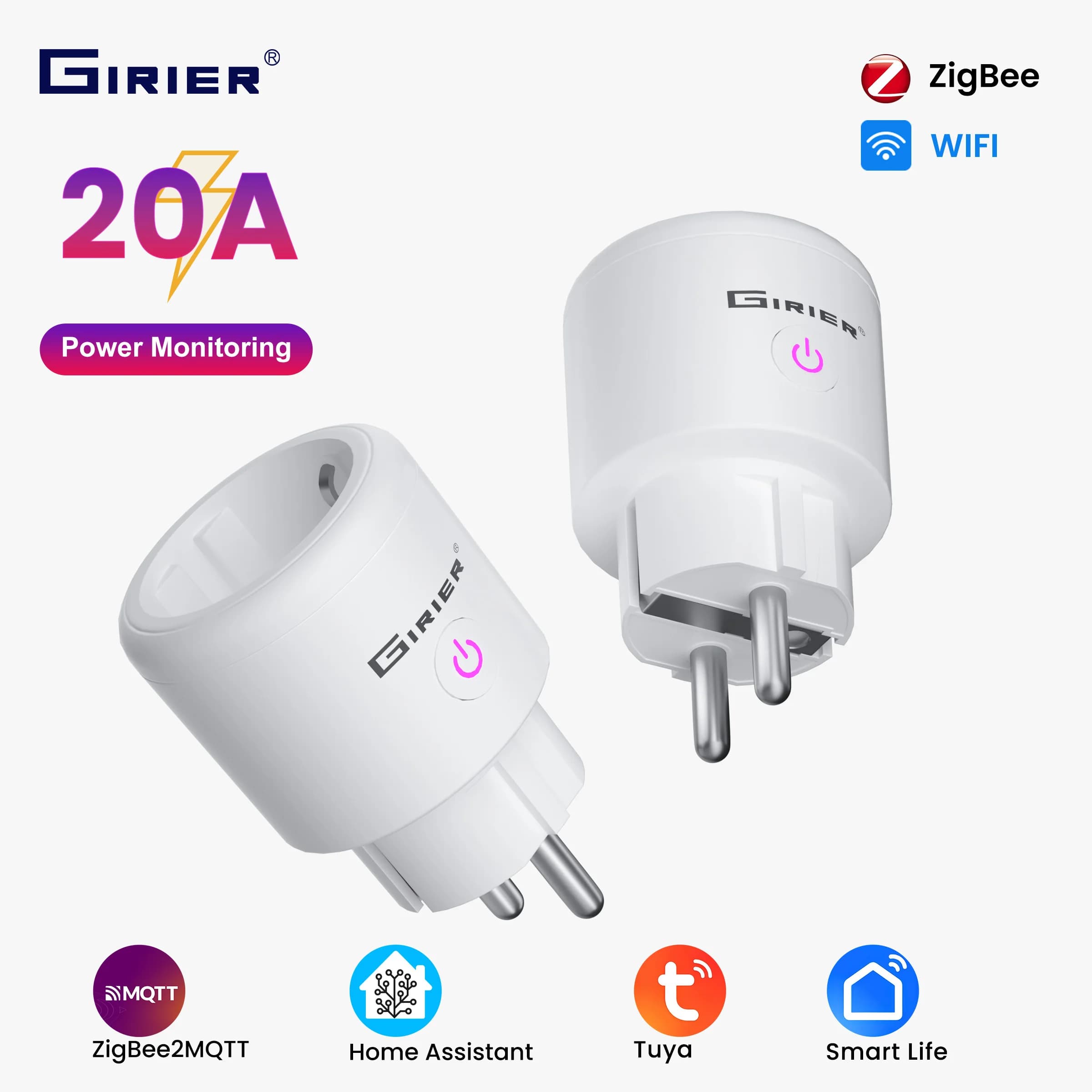 Intelligent GIRIER Tuya ZigBee 3.0 EU with Energy Measurement 20A WiFi Smart 4200W Compatible with Alexa and Hey Google
