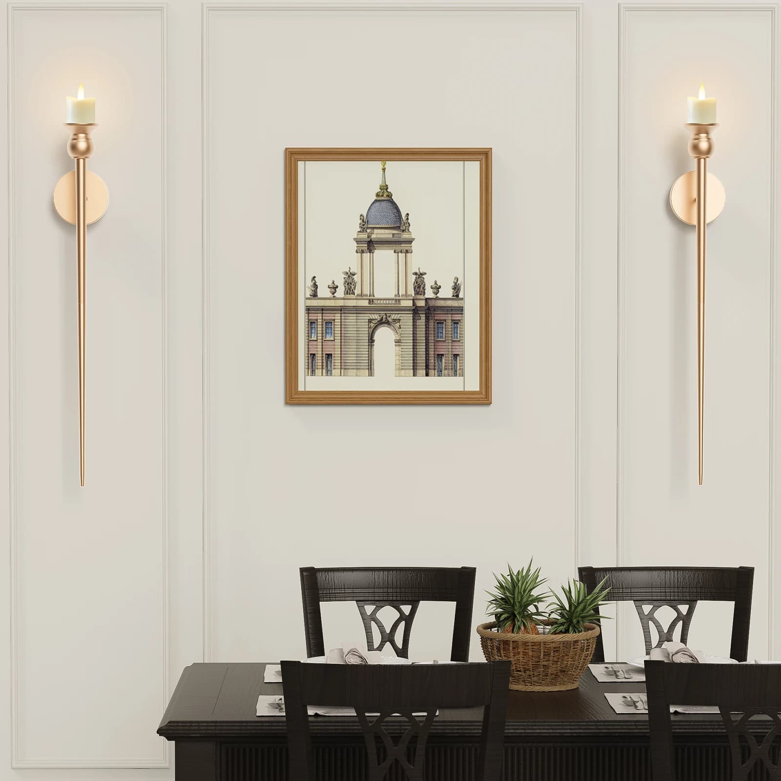 Candle wall sconce, set of 2 wall decorations with 31.5 inch golden wall sconce, long wall candle holder with battery candles