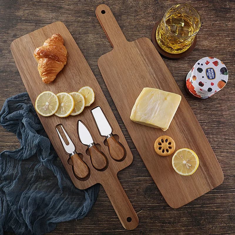 50 cm cheese cutter with mini knife and fork crockery, solid wood bread cutter, clean wooden table