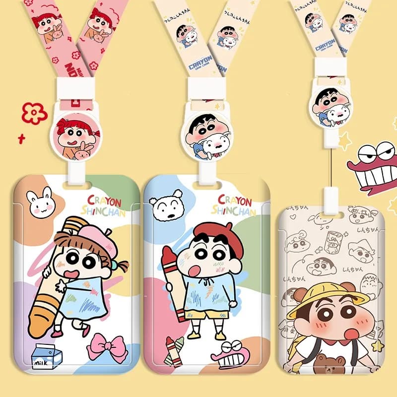 Crayon Shin-chan Porta carte scorrevoli per cartoni animati anime con corda telescopica per il collo Porta carte per bus per carte di pasti per studenti