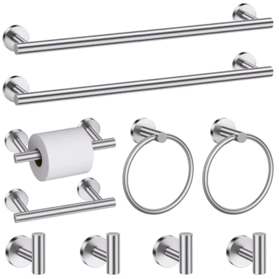 Set di Accessori per Bagno in Nichel Spazzolato, 10 Pezzi, Porta Asciugamani Migliorato da 23,6 Pollici, Porta Carta Igienica per Bagno