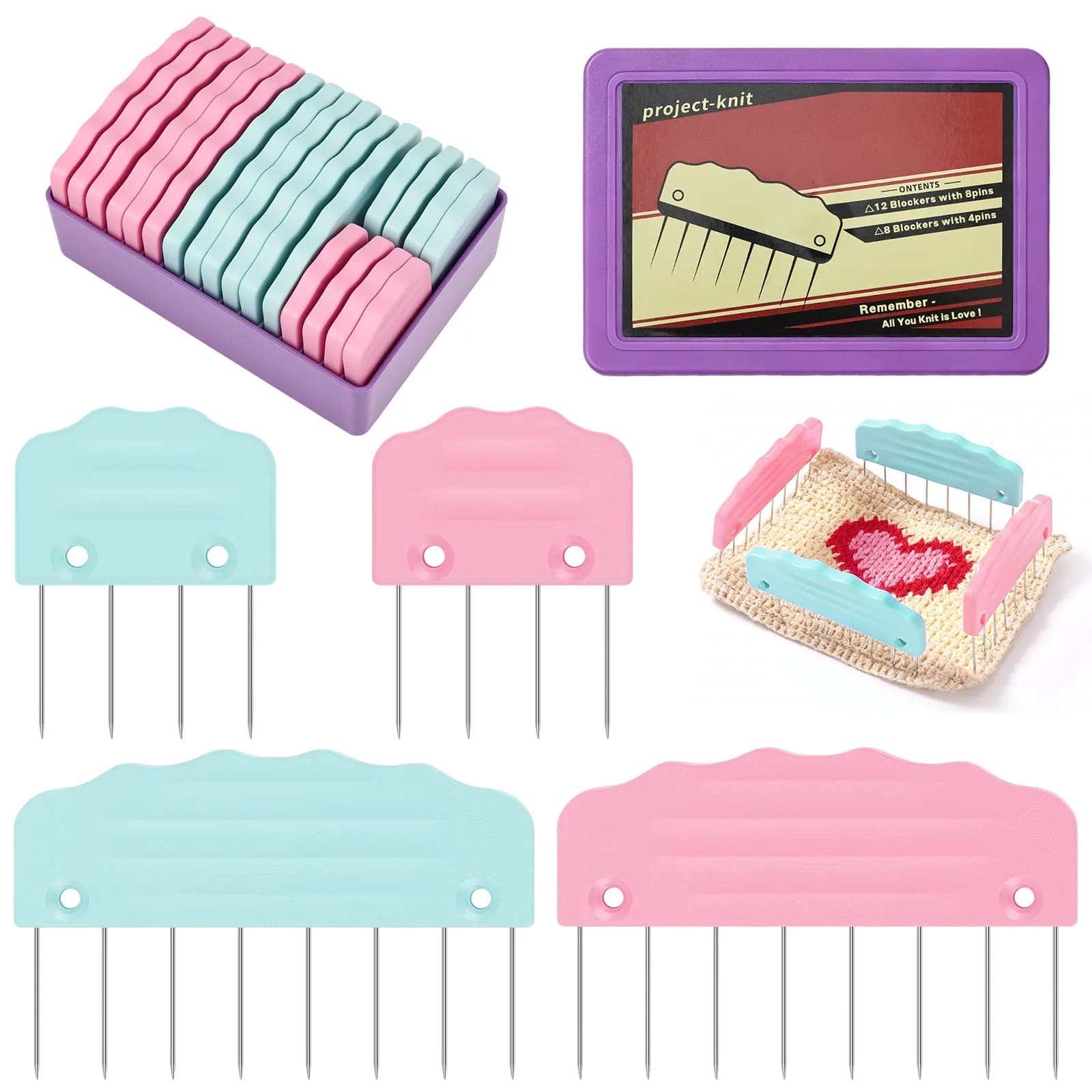 20 Pcs Knitting Blocking Pins Needles Set with Storage Case Mixed Size Crochet Blocking Combs and Pin Tools Set for Crochet Lace