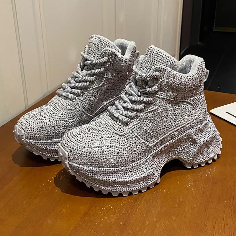 7CM scarpe invernali da donna con strass lucidi scarpe da ginnastica alte in peluche casual scarpe sportive alla moda da donna scarpe di lusso con plateau stringate