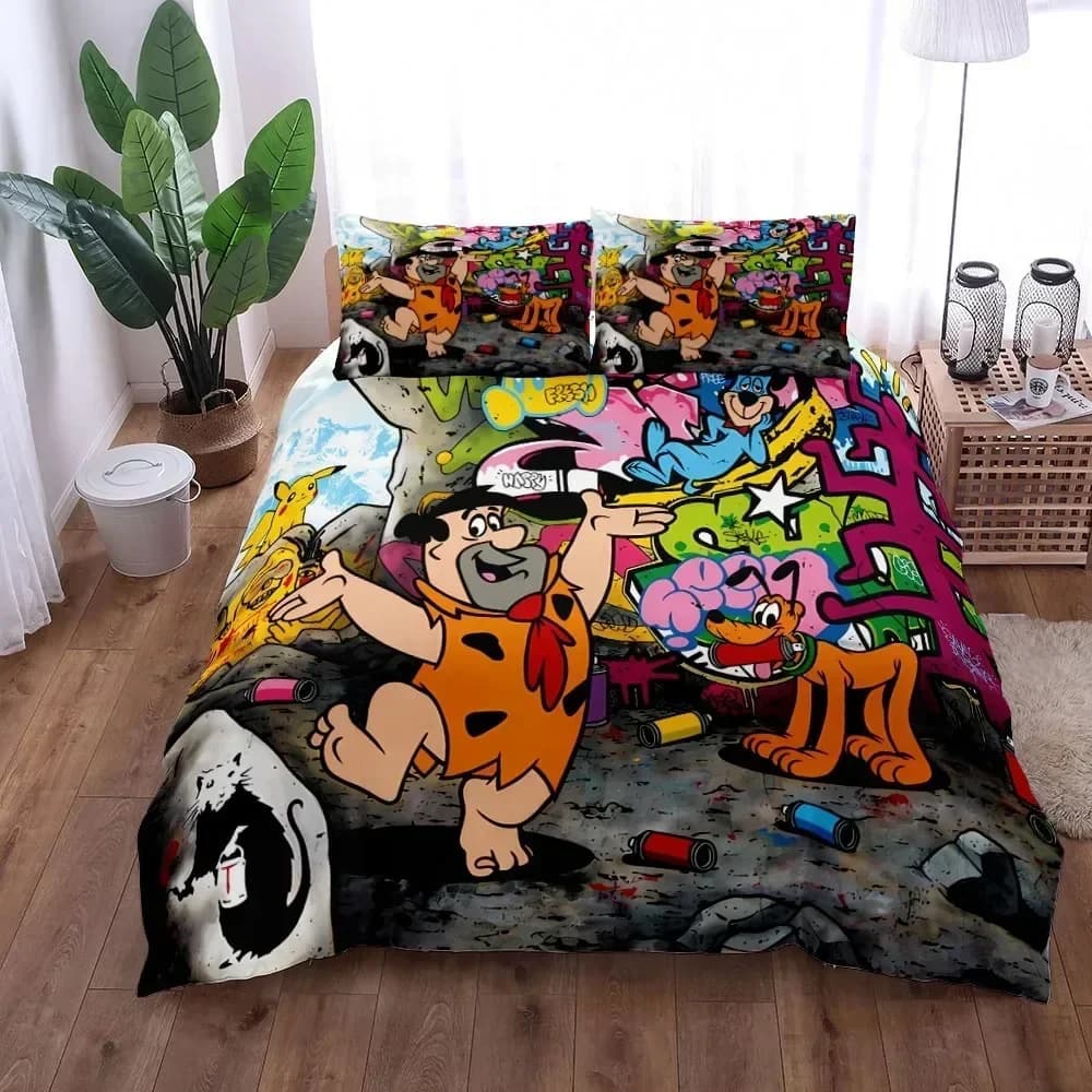 Set di biancheria da letto Anime The Flintstone, copripiumino stampato, federa, set di dimensioni singole, doppie, queen, super king size