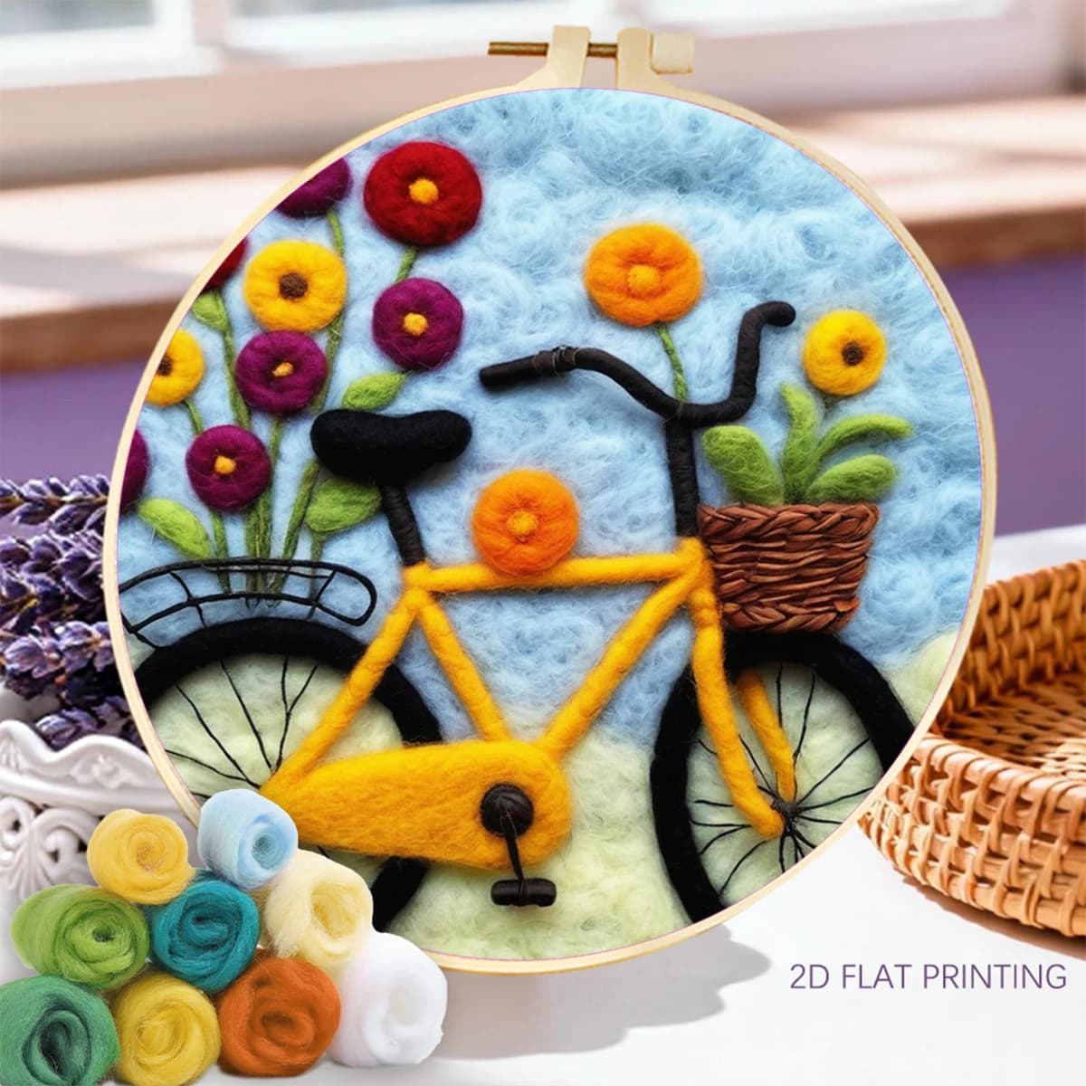 RUOPOTY Needle Felting Kit Gift Diy Kits Bicycle And Flower Landscape Felting Starter Kit Picture Felt Embroidery Picture Diy