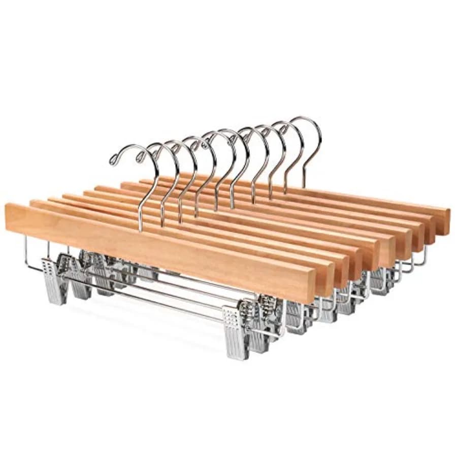 Appendiabiti Deluxe in Legno Massello di Loto per Pantaloni, Jeans e Gonne con 2 Clip Regolabili e Gancio Antiruggine