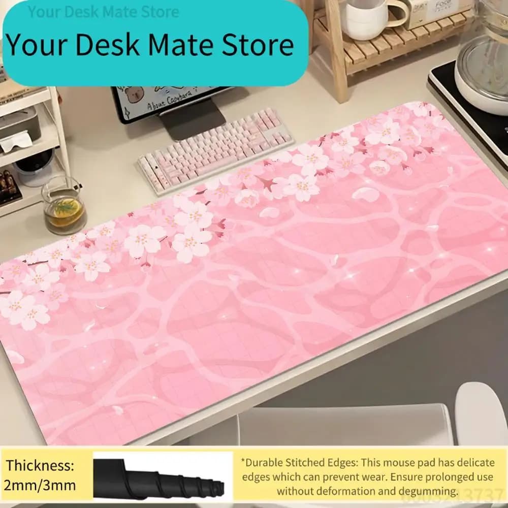 Tappetino da scrivania in gomma antiscivolo con stampa floreale di ciliegio rosa, bordo rinforzato, grande, per gaming e ufficio (1 pezzo)