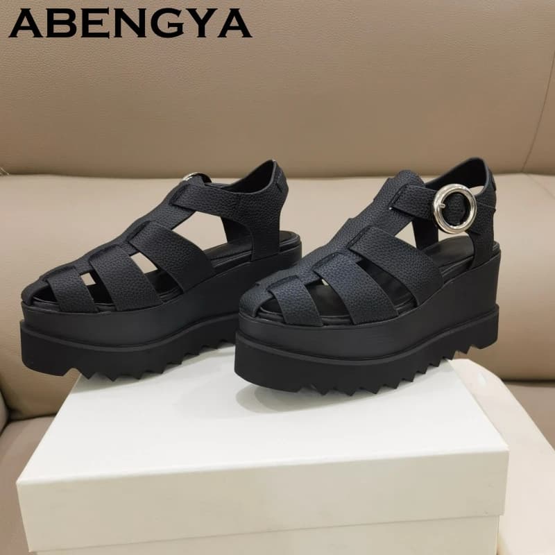Thick Sole Real Leather Wedge Heels Sandals Women Cross Band Heightened Platform Sandals Summer Casual Beach Rome Sandals Female