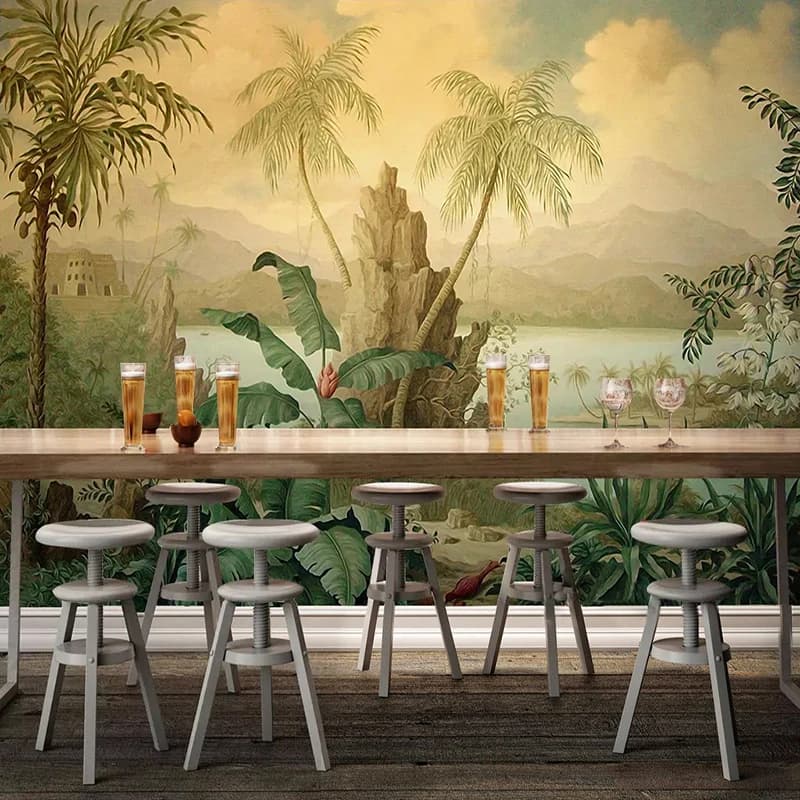 3D Personalized Wallpaper Art Wallpaper Walls in European style Landscape retro Oil painting Tropical rain forest Banana Cock wallpaper
