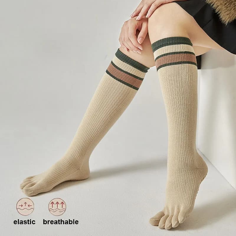 High Quality Long Five Finger Knee Socks for Women Cotton Striped Calf Socks Autumn Winter Warm Slim Pressure Toe Socks Fashions