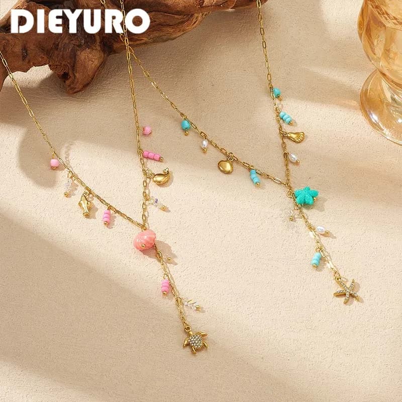 DIEYURO Stainless Steel Colorful Bead Pearl Starfish Turtle Shell Pendant Necklace Lady Summer Boho Ocean Vacation Jewelry Gift
