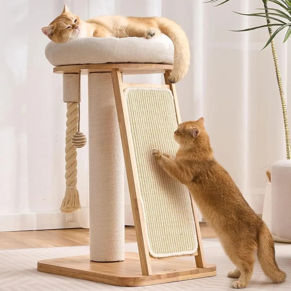 Albero per Gatti Multifunzionale in Legno Massello con Tiragraffi, Cuccia e Pallina Pendente, per Interni