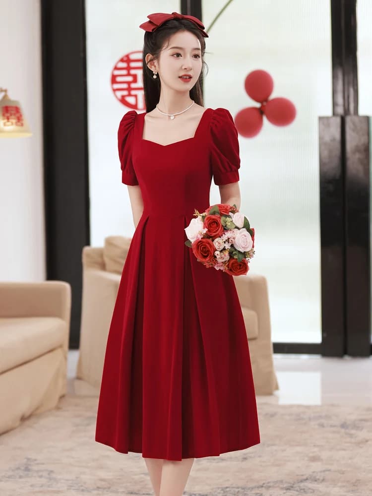 Abito da sposa rosso per la sposa, nuovo stile estivo, gonna a trapezio con cerniera e maniche corte, stile coreano, adatto per fidanzamento e matrimonio