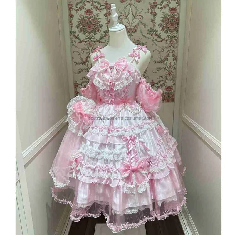 Abito da sera rosa dolce Lolita da donna con fiocco per cerimonia di majoranza, abito da principessa, abito da festa