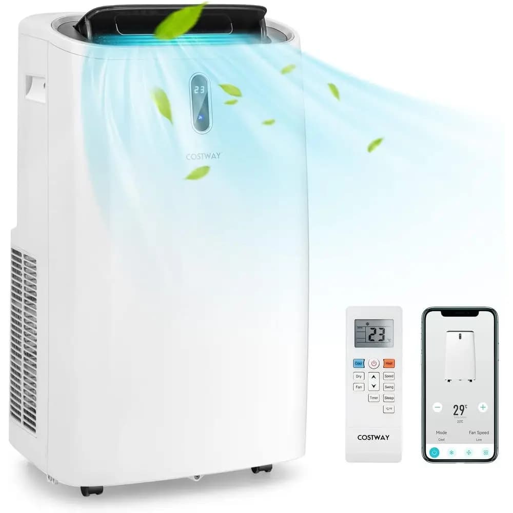 Condizionatore d'aria portatile da 14000 BTU con funzioni di raffreddamento, riscaldamento e deumidificazione, compatibile con Alexa, controllo tramite app intelligente, raffredda fino a 70°.