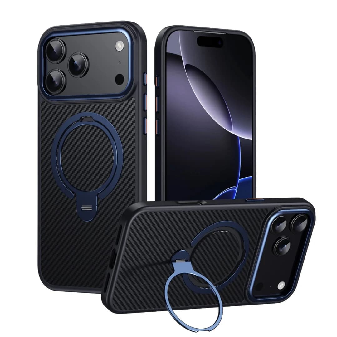 Custodia Premium in fibra di carbonio per iPhone Air 17 Pro Max compatibile con MagSafe antigraffio 360 ° Copertura protettiva per staffa rotante