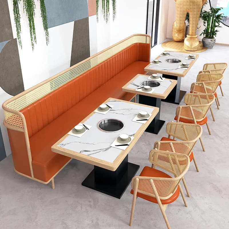 !@Solid Wood Rock Board Hot Pot Table Integrated Smokeless Barbecue Modern Design Iron Frame Durable for Restaurant Balcony Use