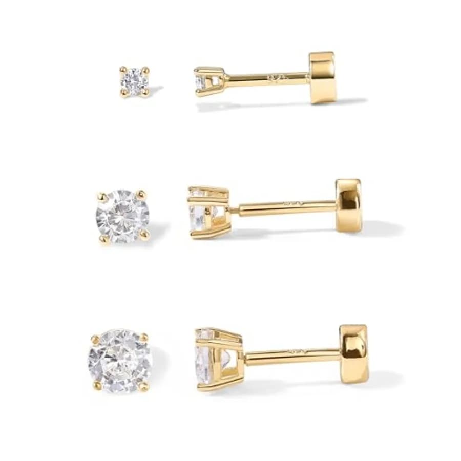 14K Gold Plated Solid 925 Sterling Silver Post Cubic Zirconia Stud Flat Back Earrings for Women Cartilage Earring Helix Piercin
