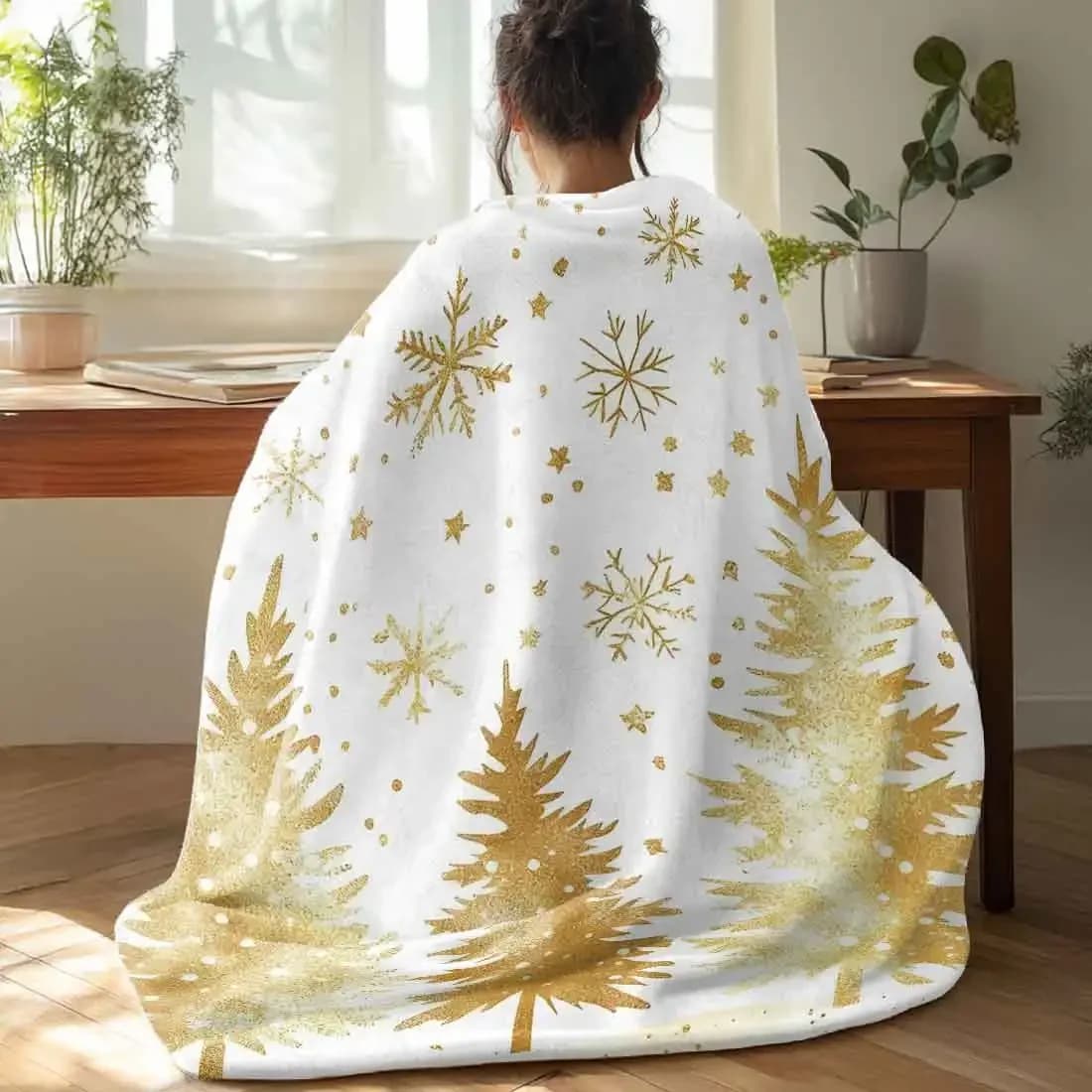 Coperte da tiro con fiocchi di neve di Natale dorati, calde e morbide, in peluche, per l'inverno, ufficio, camera da letto, divano, regali da viaggio, decorazioni per la casa