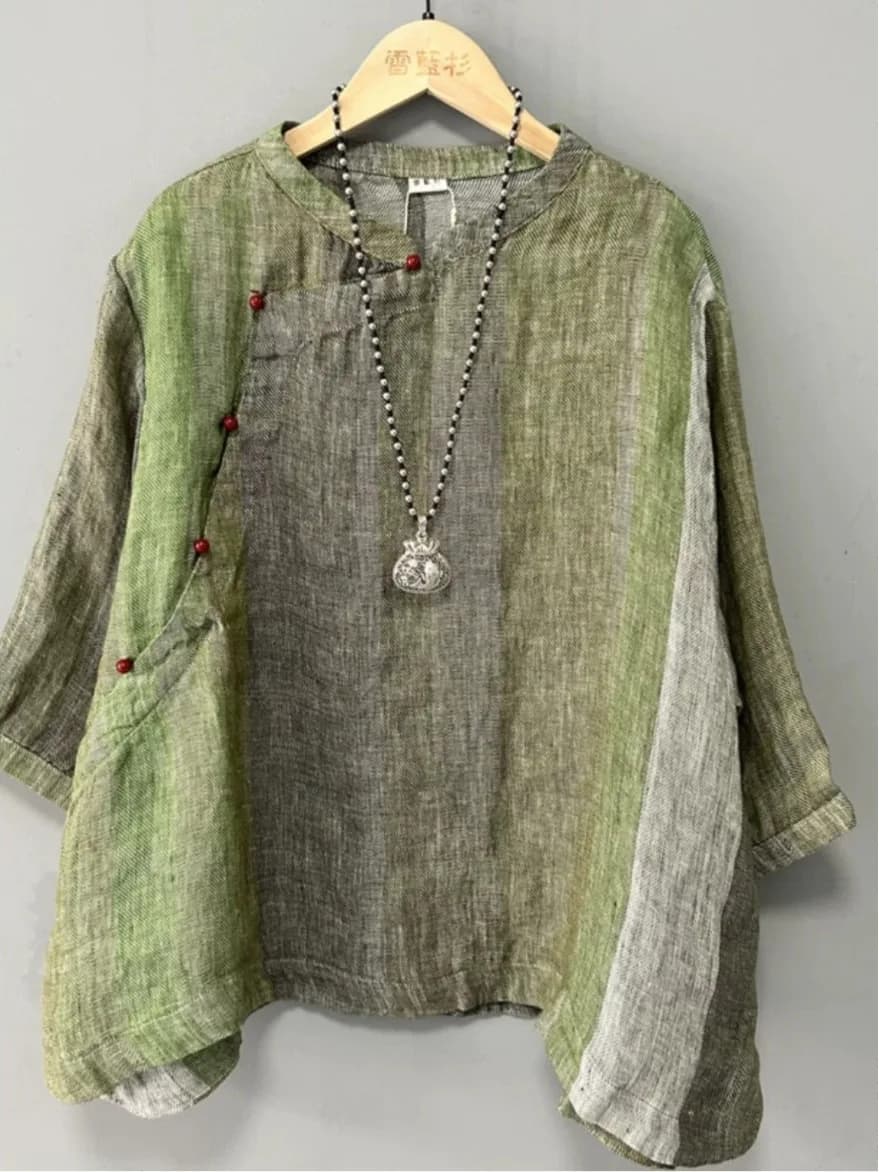 Retro Gradient Washed Shirt Large Size Women's Slant Button Stand Collar Five Sleeve Hoodie Tea Service Top Summer Casual Cotton