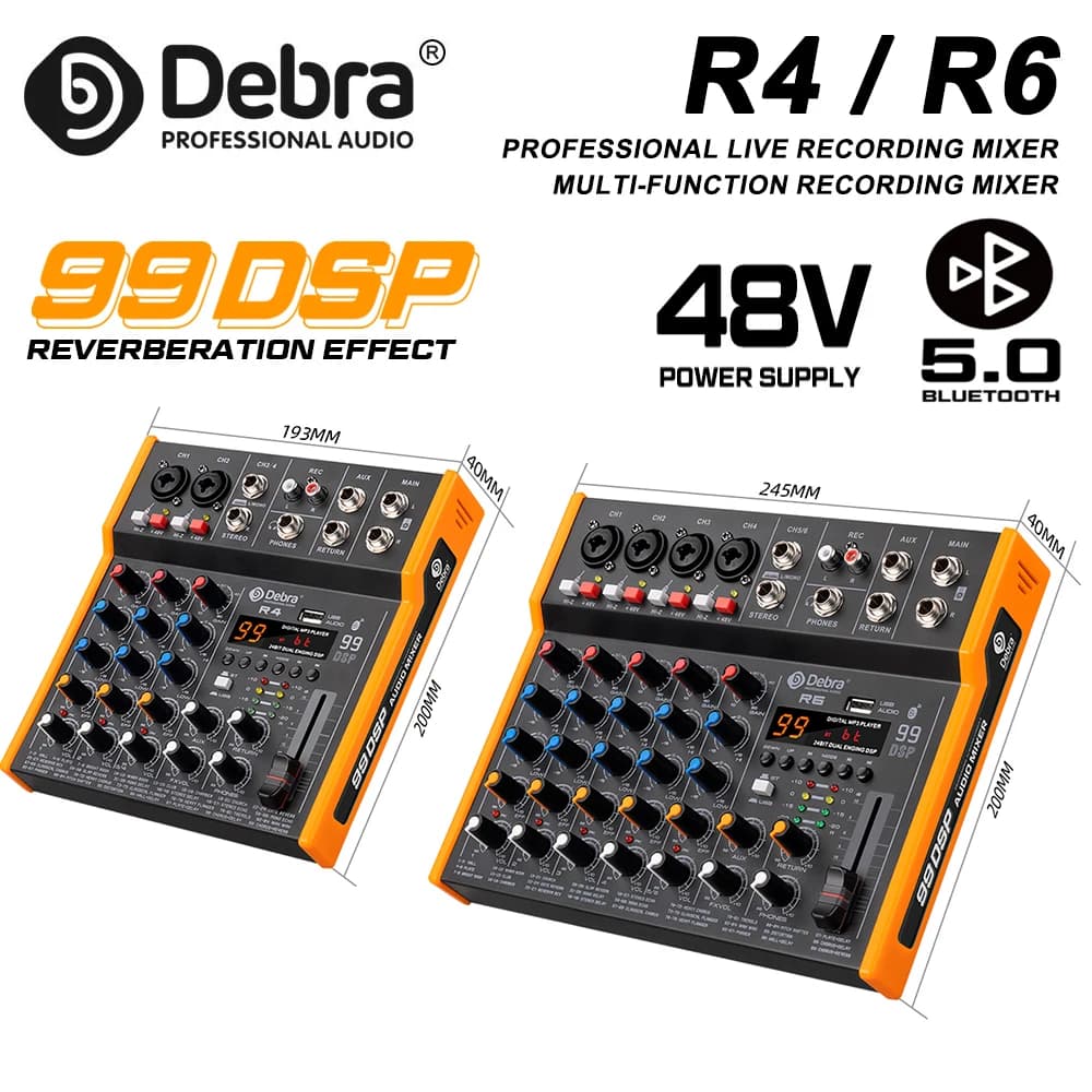 Debra Audio Mixer Metal Console DJ OTG R4/R6 with Bluetooth 48V Power Rear Rear Output for Audio Mixing Console PC Recording