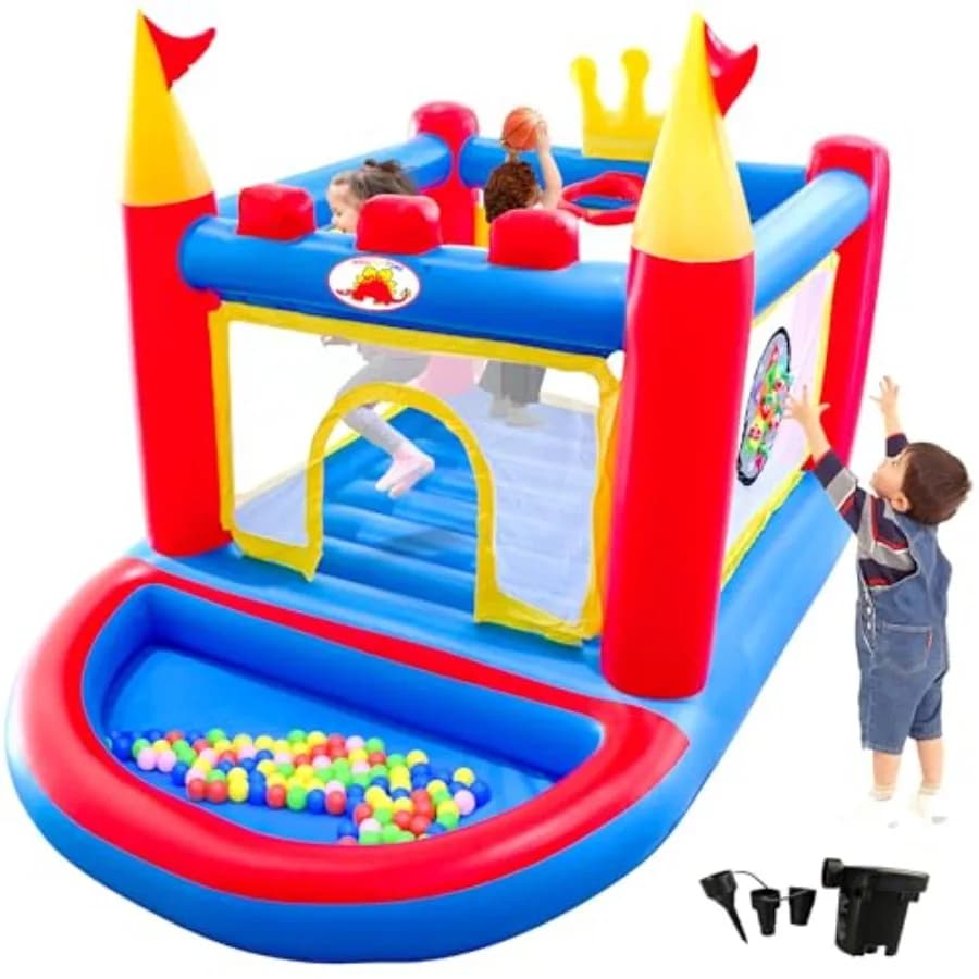 Castello gonfiabile per uso interno ed esterno in PVC blu e rosso, include soffiatore, piscina di palline, gioco dell'anello e gioco con bersaglio.