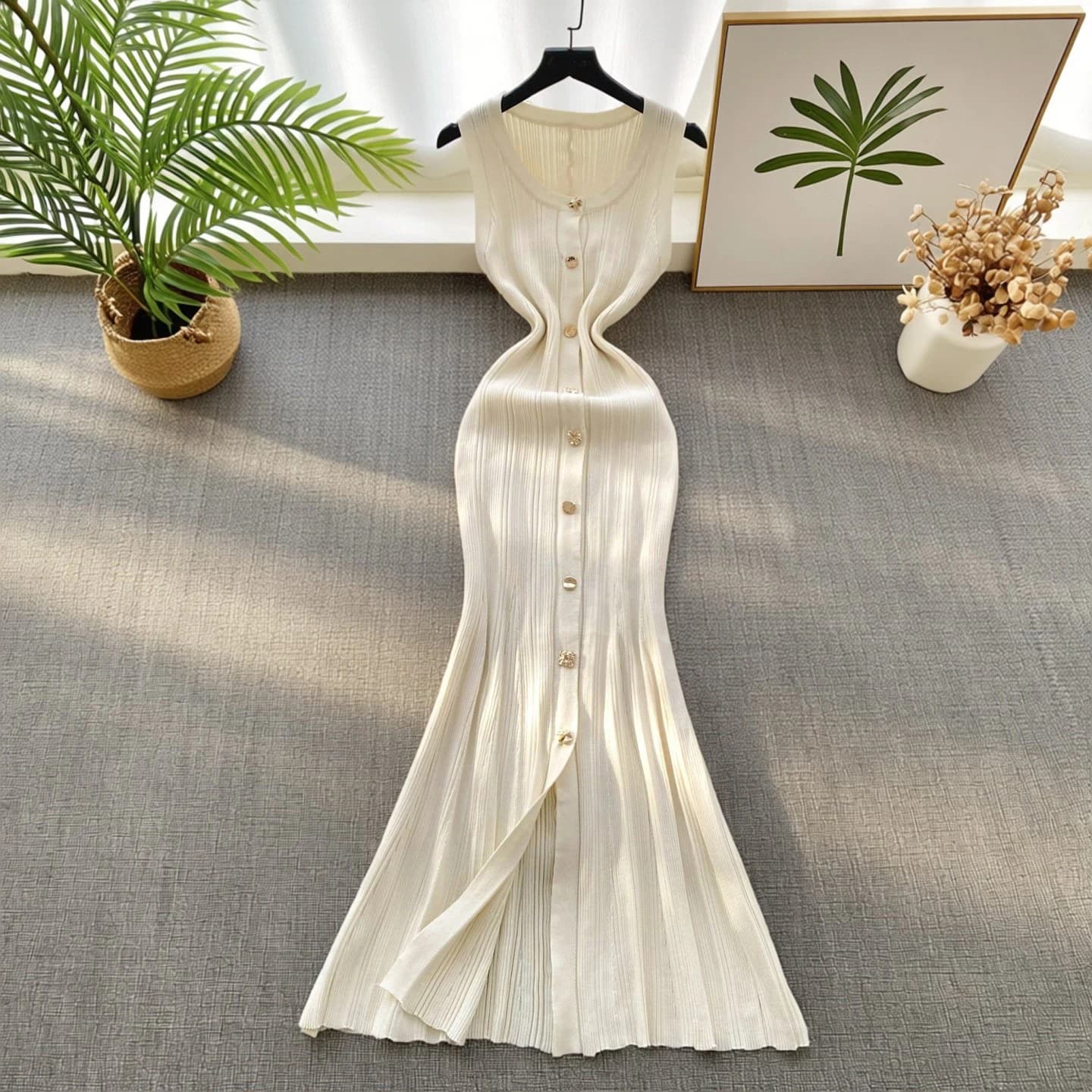 YuooMuoo Brand Fashion Luxury Single-breasted Sleeveless Knitted Maxi Dress Women Slim Elastic Package Hips Split Party Dress