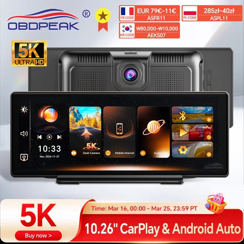 K8s 10.26 pollici DVR per auto 5K Dash Cam Dual Lens Wireless Carplay e Android Auto Videoregistratore Monitor Navigazione GPS 5G Wifi FM