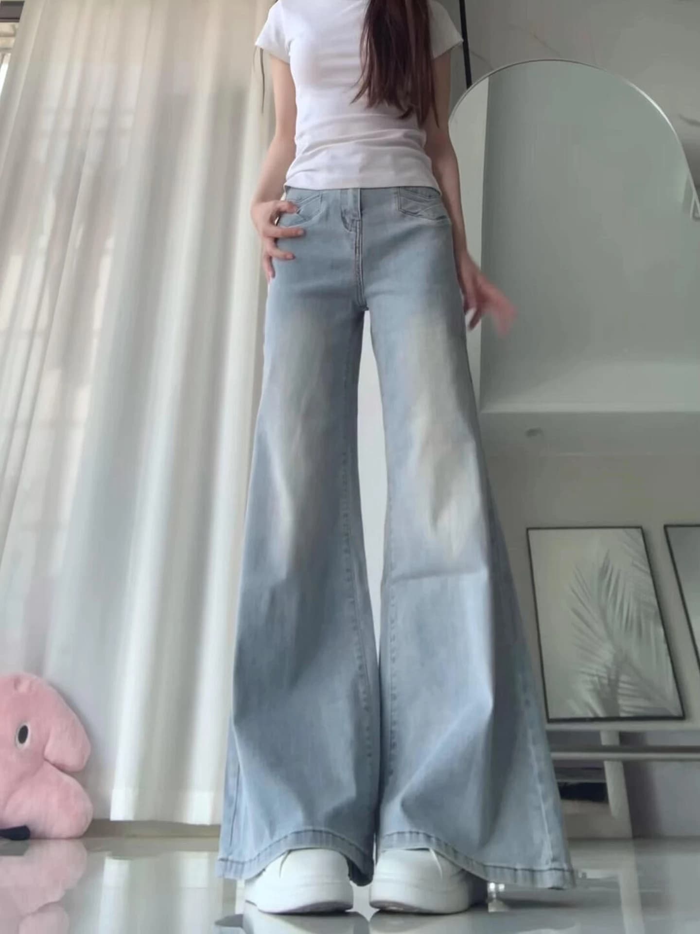 American Light Blue Non-Matching Micro-flared Jeans Women's Summer Thin High-waist Hip Concealing Slim Loose Wide-leg Pants
