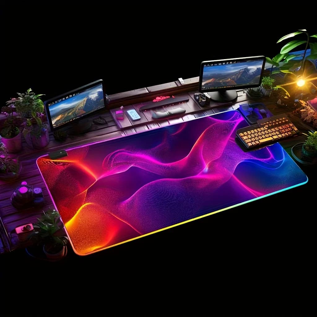 RGB LED Colorful Wave Large Gaming Mouse Pad, Non-Slip Rubber Desk Mat, Waterproof Extended Keyboard Pad for PC Gamer