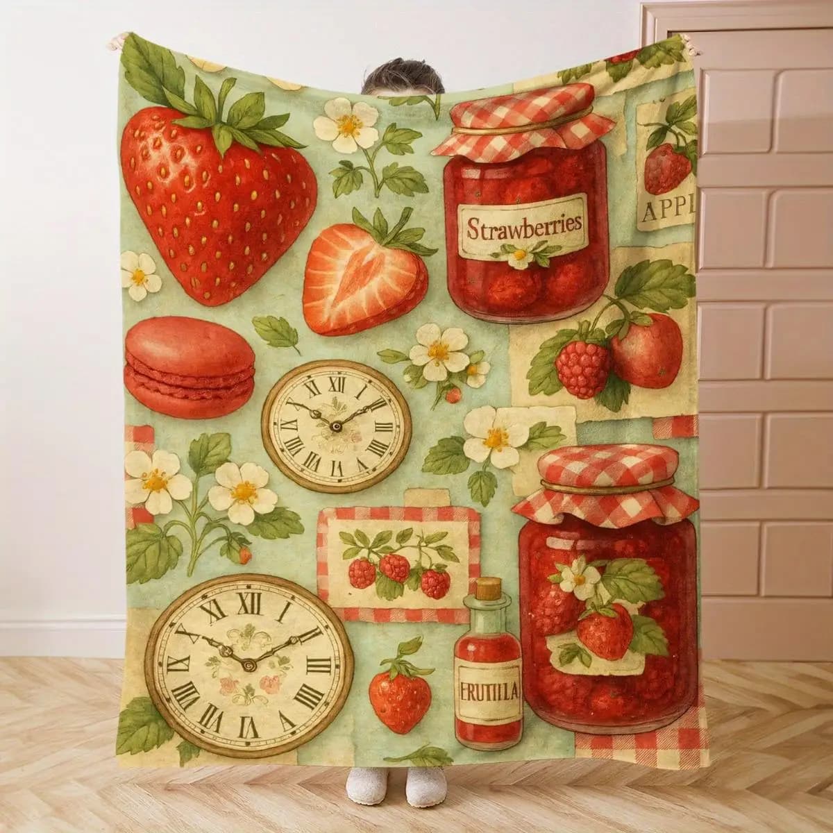 Coperta in flanella con motivo fragole adatta per divani, letti, uffici, auto, campeggio, decorazione moderna, regalo di San Valentino