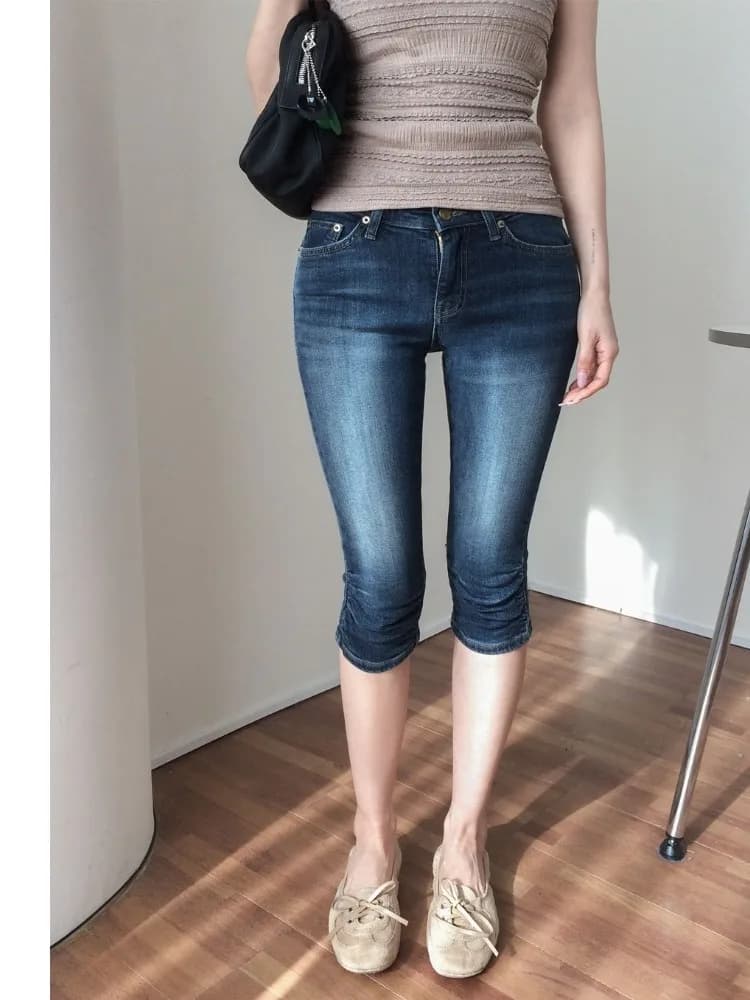 Jeans Slim Fit a Vita Alta da Donna, Primaverili ed Estivi, con Orlo Piegato a Sette Punte, Stile Coreano, in Misto Cotone, Poliestere ed Elastan