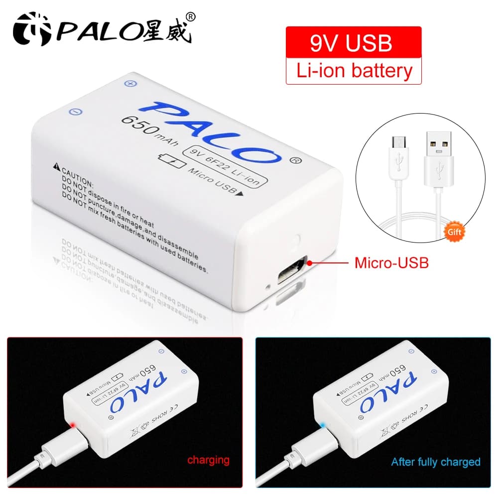 Batteria Ricaricabile PALO 9V 650mAh 6F22 Micro USB, Batterie al Litio 9v per Multimetro, Microfono, Giocattoli, Telecomando, KTV