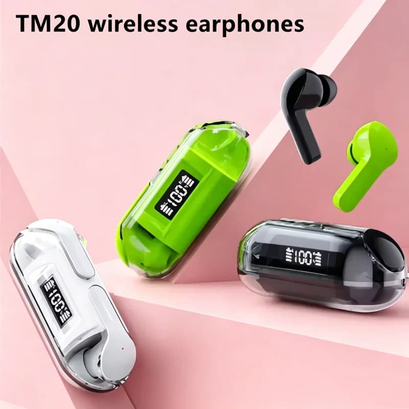 TM20 Auricolari Bluetooth 5.3 trasparenti Cuffie wireless con display LED per la visualizzazione della potenza, riduzione del rumore, cuffie per giochi musicali sportivi con microfono