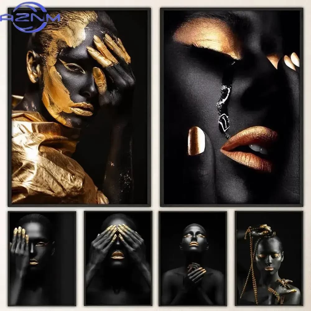 Woman Golden Makeup Dark Style Fancy Wall Sticker for Living room bar retro decorative painting room