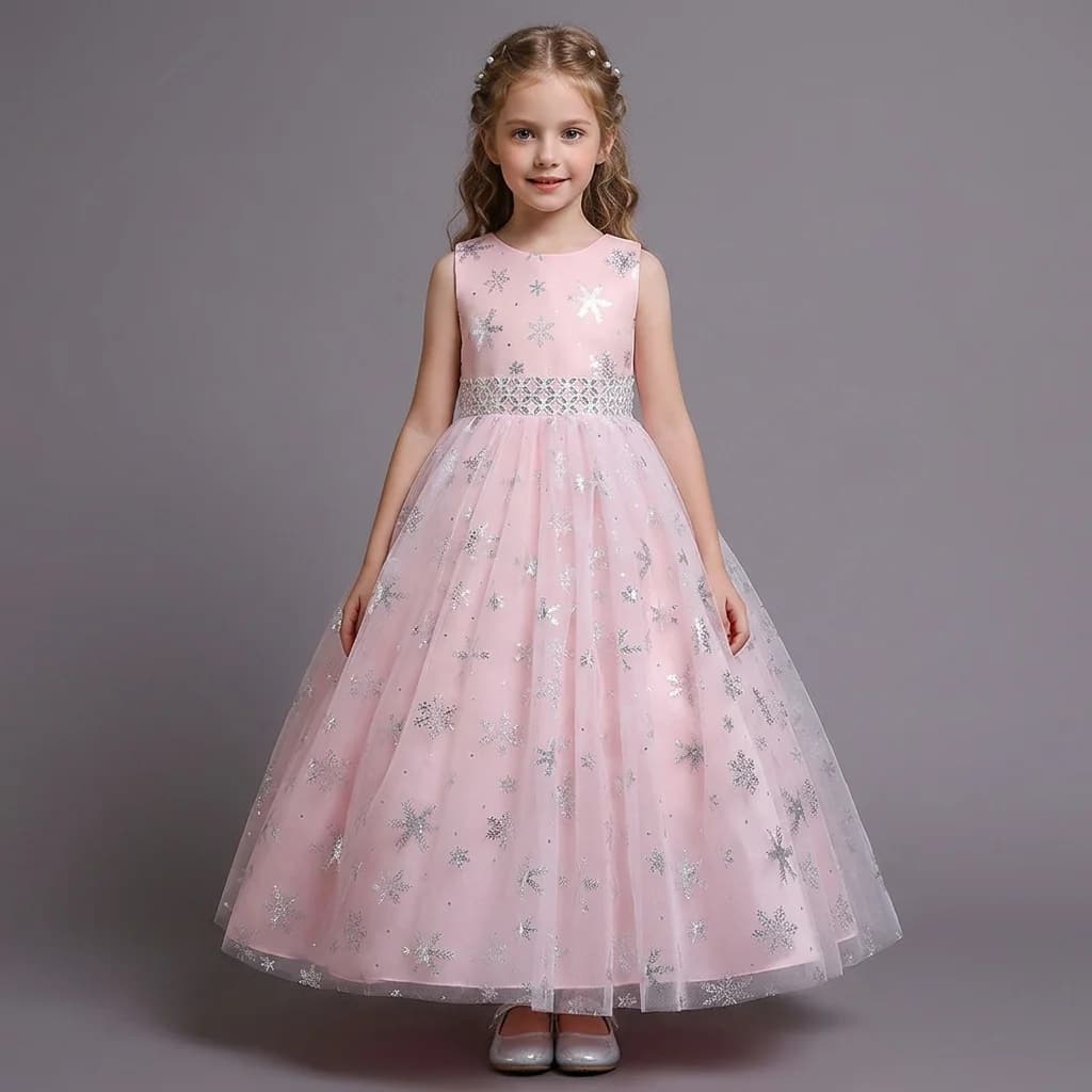 Abito Elegante da Principessa per Bambine con Stampa Fiocchi di Neve Argentati, Vestito in Tulle per Matrimoni, Feste di Compleanno e Cerimonie