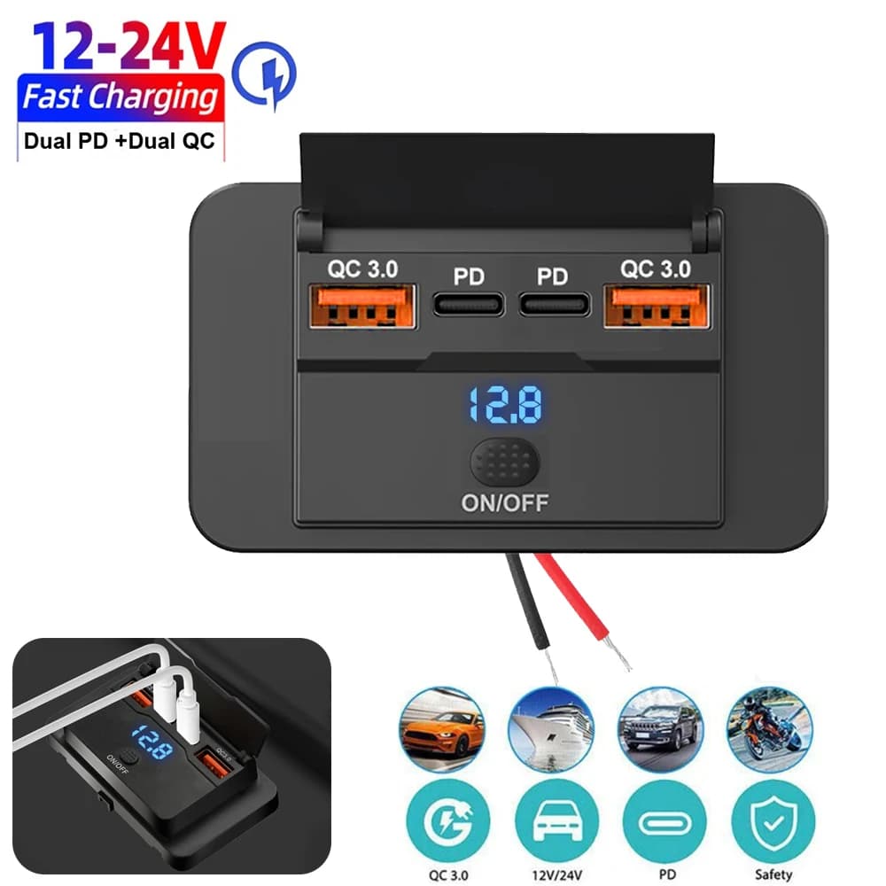 Nuovo pannello presa caricabatteria per auto a 4 porte 12V/24V RV presa USB doppia QC3.0 PD presa di ricarica rapida accessori per auto autobus camper camion