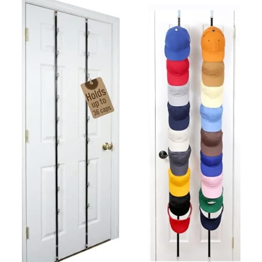 CapRack Over-The-Door Hat Organizer for Baseball Caps 2 Straps, Holds 18-36 Adjustable Caps Black