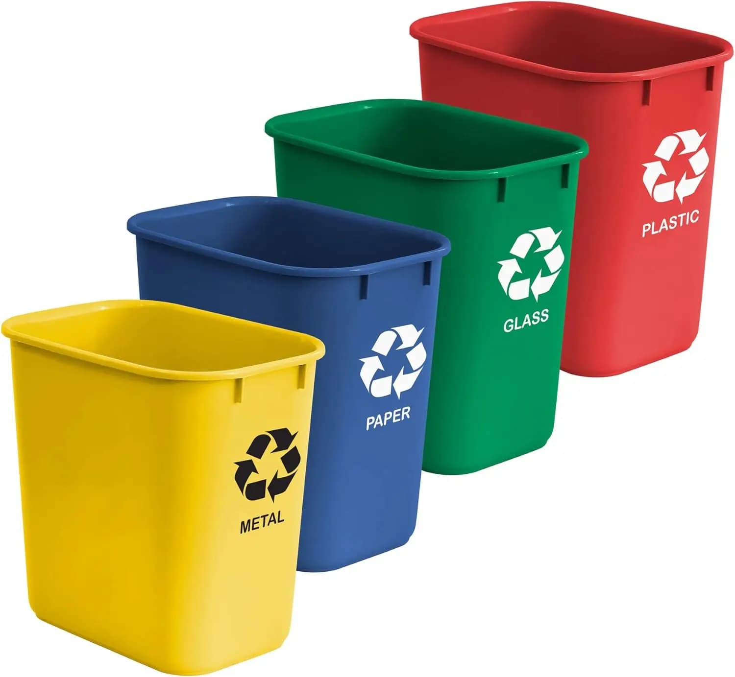 Set di 4 Contenitori per Riciclaggio, Cestini in Plastica da 6,75 Galloni per Metallo, Carta, Vetro, Plastica - Codificati per Colore