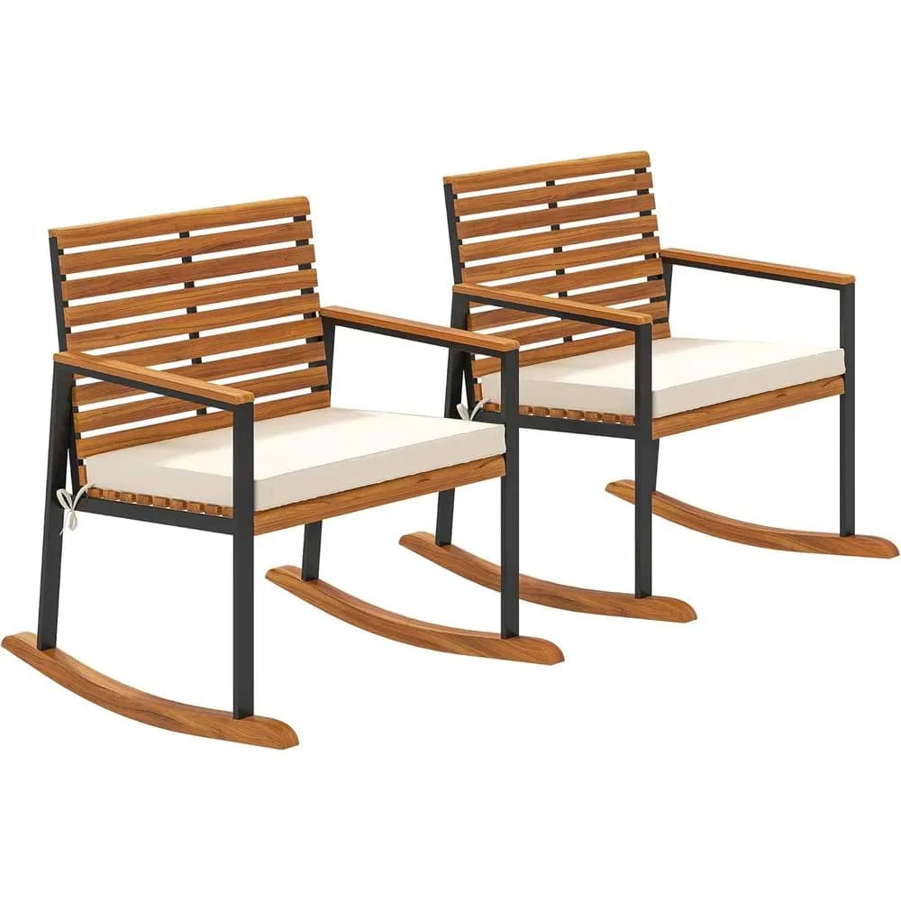 Cream White Acacia Wood Outdoor Rocking Chair Set with Cushions for Patio, Garden, Balcony, Porch