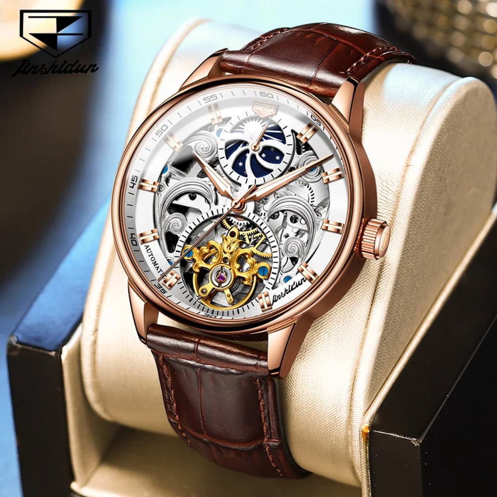 JSDUN 8922 Men Watch Skeleton Hollow Flywheel Automatic Mechanical Watch for Men Luxury Luminous Waterproof Moon Phase Man Watch