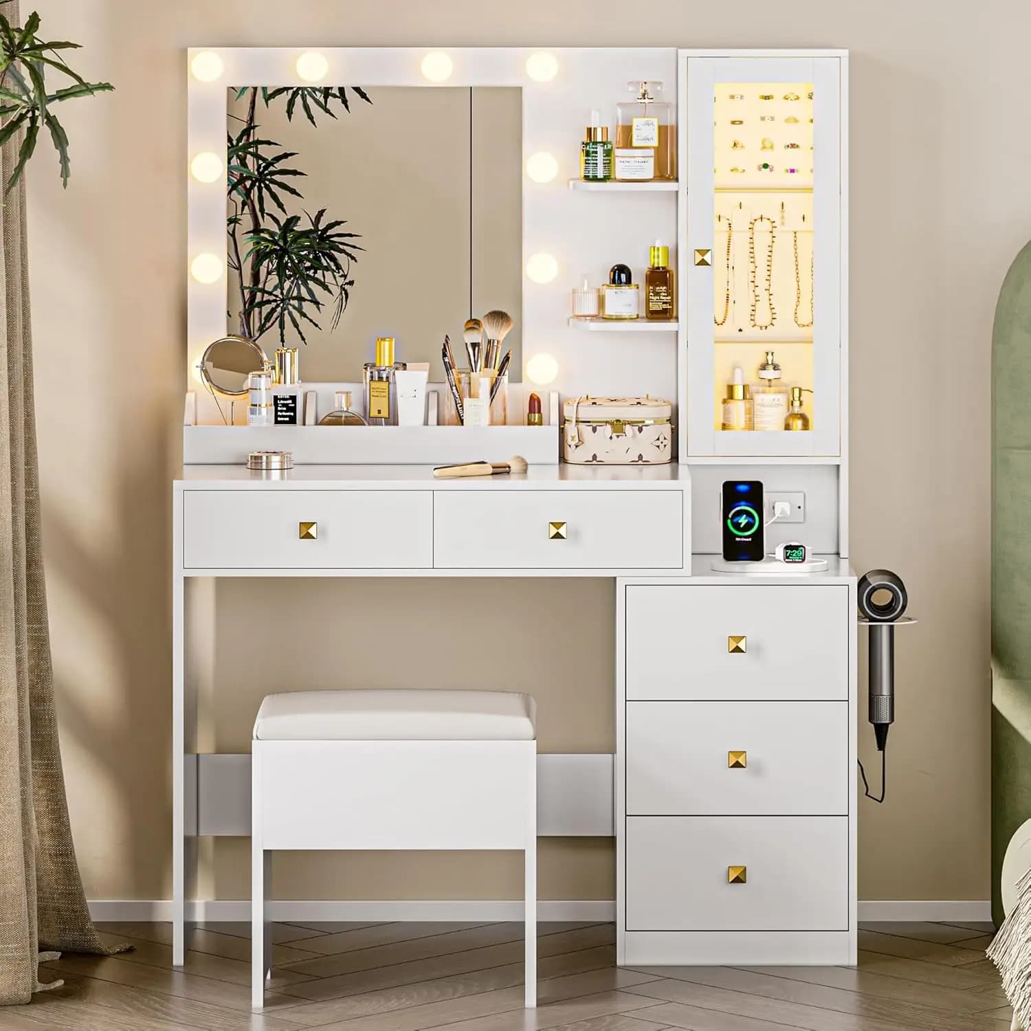 Toeletta con Specchio e Luci, Bianca, con 5 Cassetti, Organizer per Gioielli Nascosto e Vetro LED, Personalizzabile