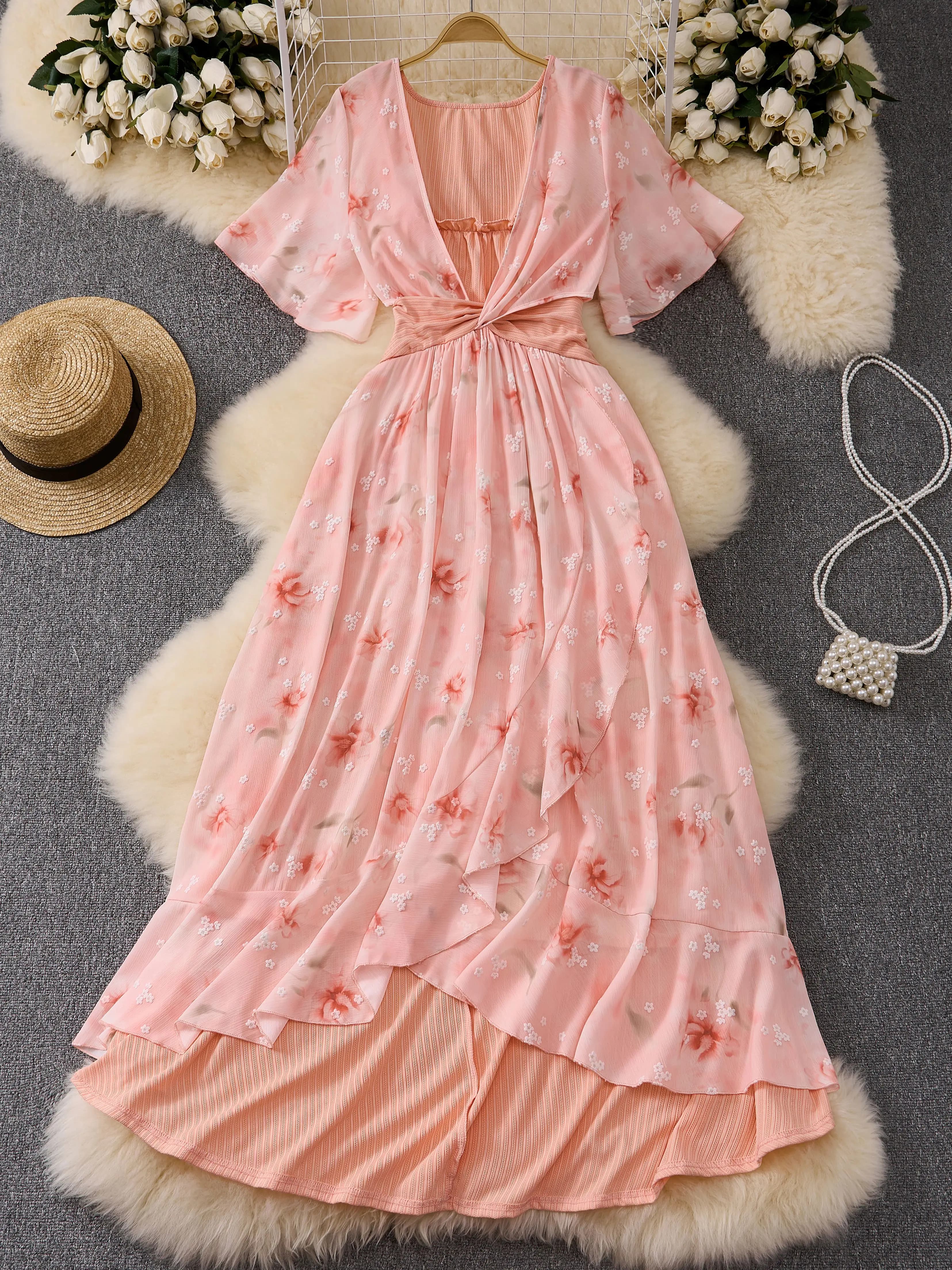 Large-Sized Spring Autumn New Flower-Printed Ruffled Pleated Twisted Hem High Low Dress Women's Casual Maxi Dress