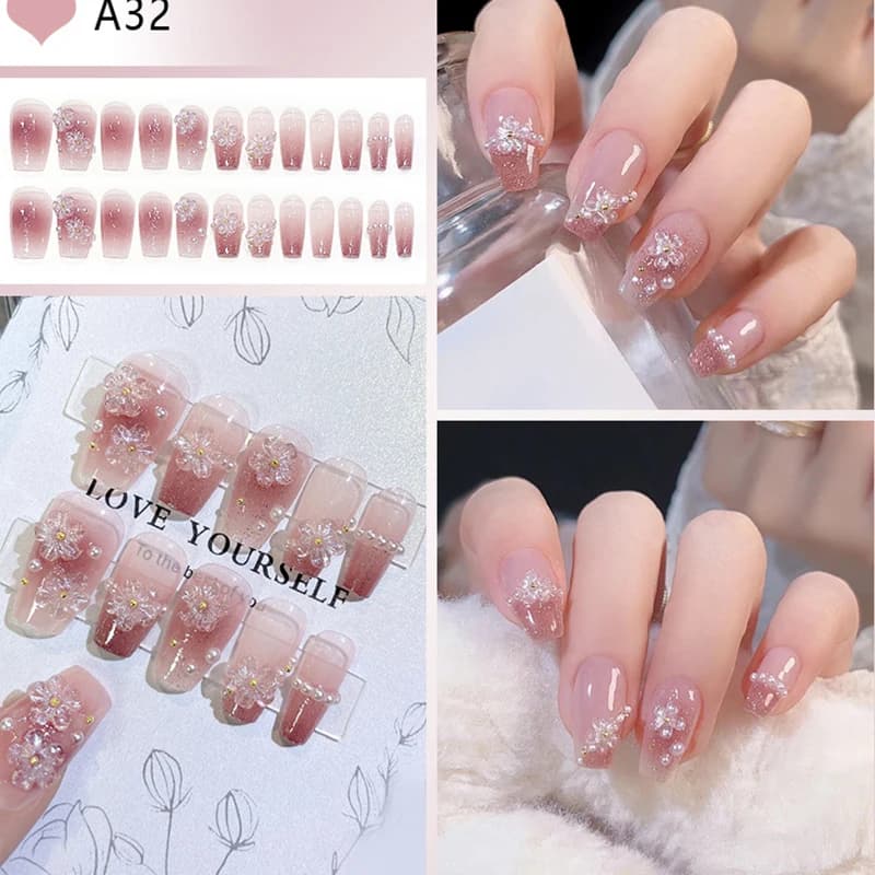 24 pezzi di unghie finte acriliche medio lunghe 3D fiore perla design stampa sulle unghie ballerina copertura completa punte per unghie finte per le donne