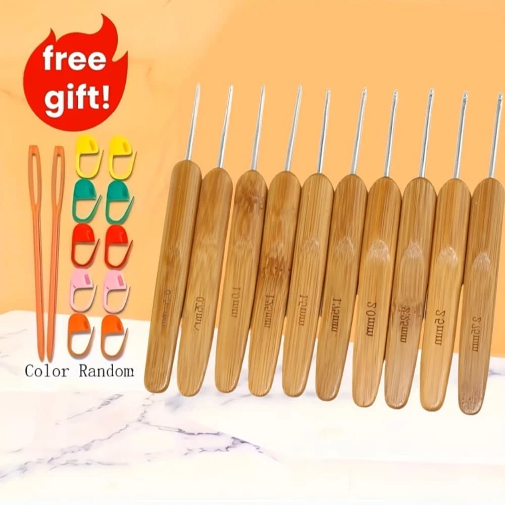 22pcs Bamboo Handle Crochet Hooks Set Fine Metal Lace Knitting Needles with Stitch Markers Yarn Needle DIY Craft Sewing Tool
