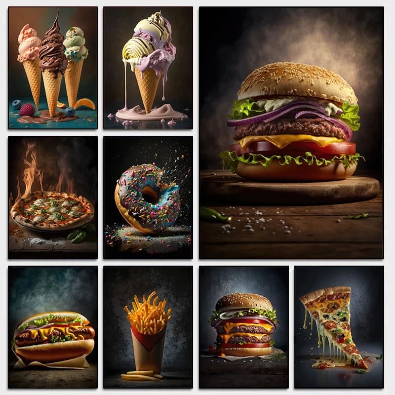 (No frame)1pcsDelicious Street Food Pizza Hamburger Hot Dog Ice Cream Poster Canvas Painting Wall Art Pictures Kitchen Restau